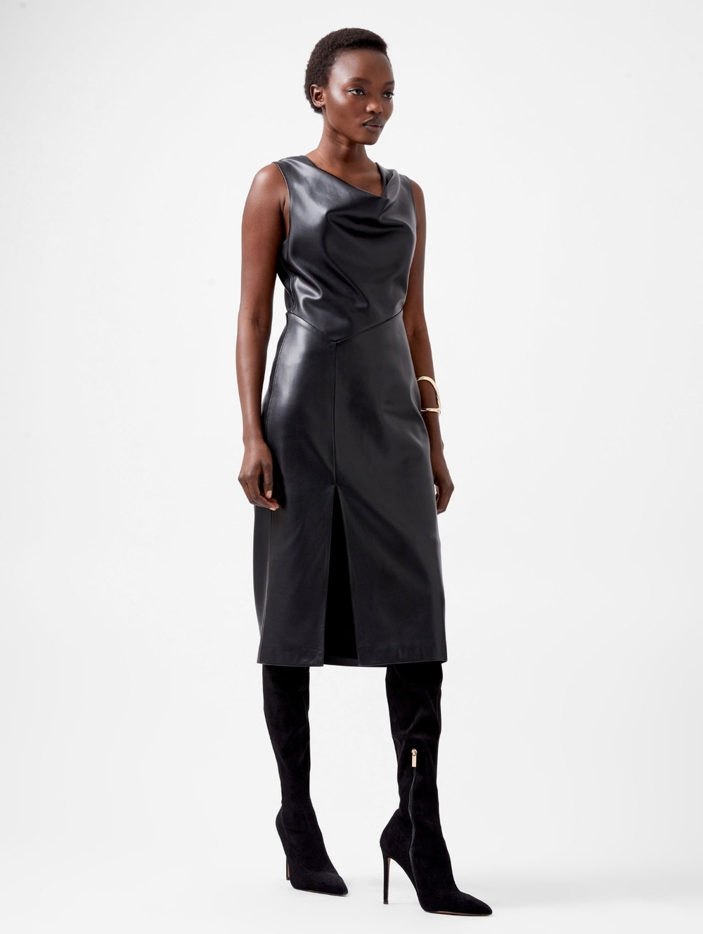 French Connection Elettra Recycled PO Leather Sleeveless Cowl Neck Midi Dress